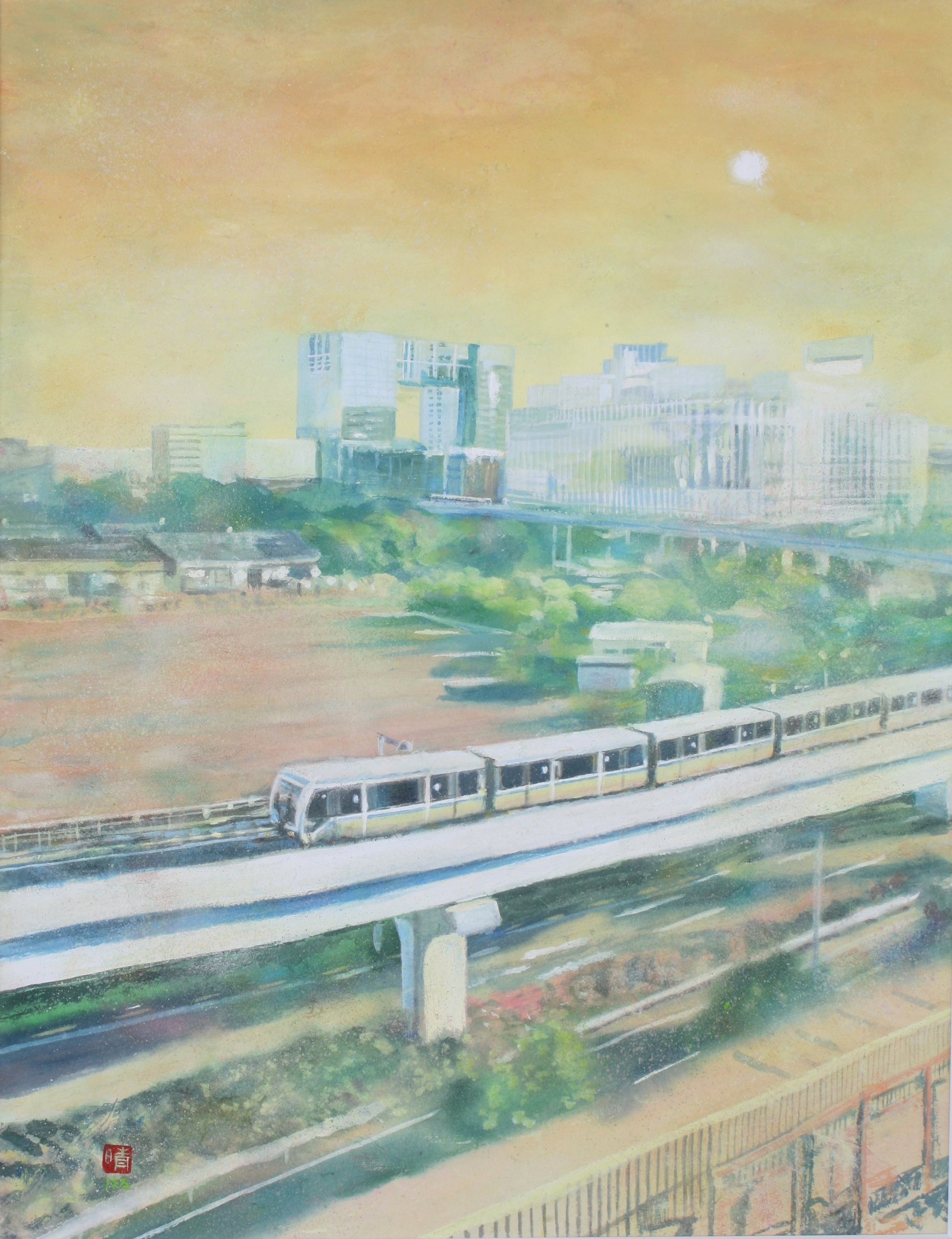 絵画 お台場をゆく ゆりかもめ とテレコムセンター テレコムセンター駅 青海駅 井上晴雄 絵画 作品集 絵画と文で綴る お台場 テレコムセンターからの夜景 風景