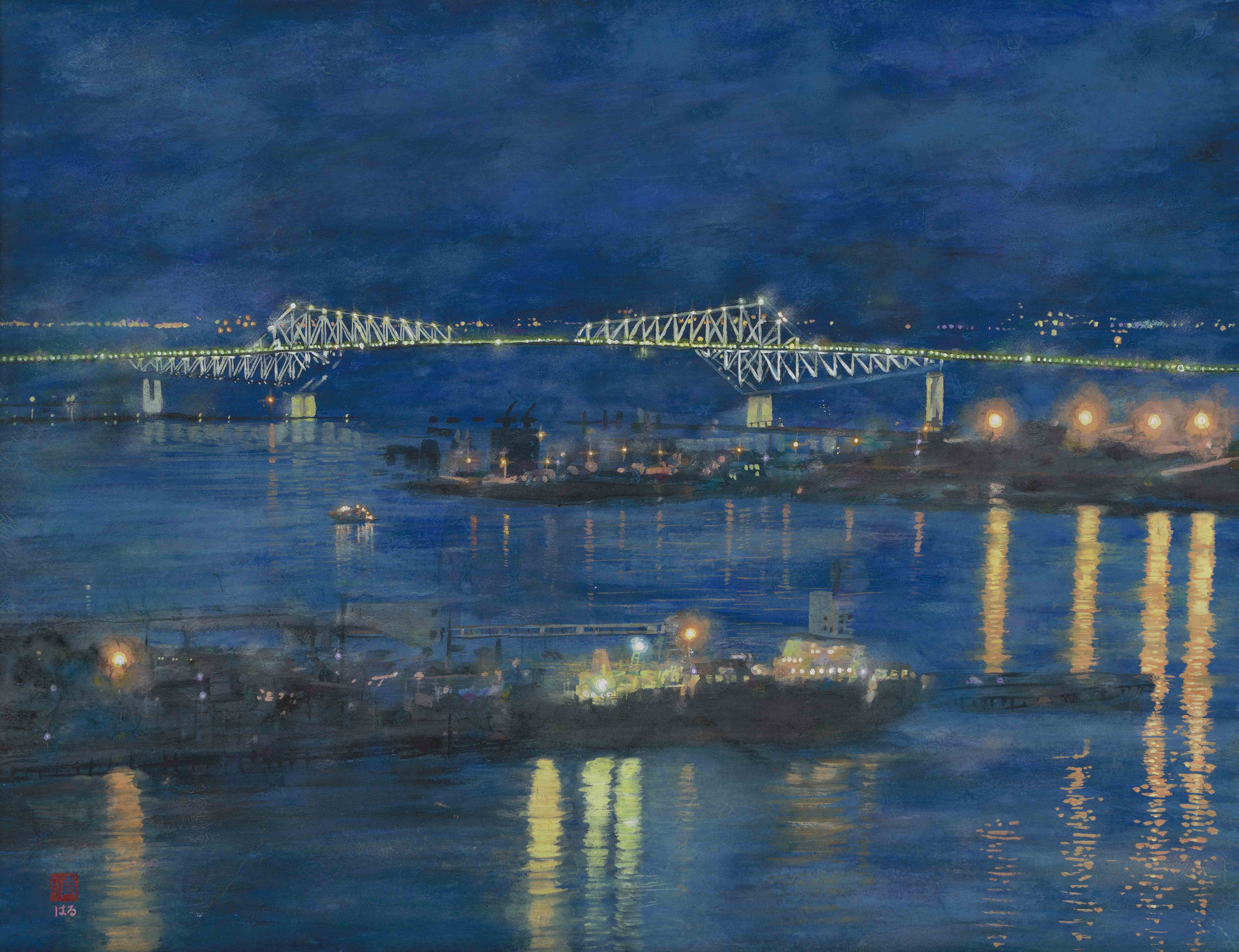 絵画 東京ゲートブリッジの夜景 井上晴雄 絵画 作品集 絵画と文で綴る お台場 テレコムセンターからの夜景 風景