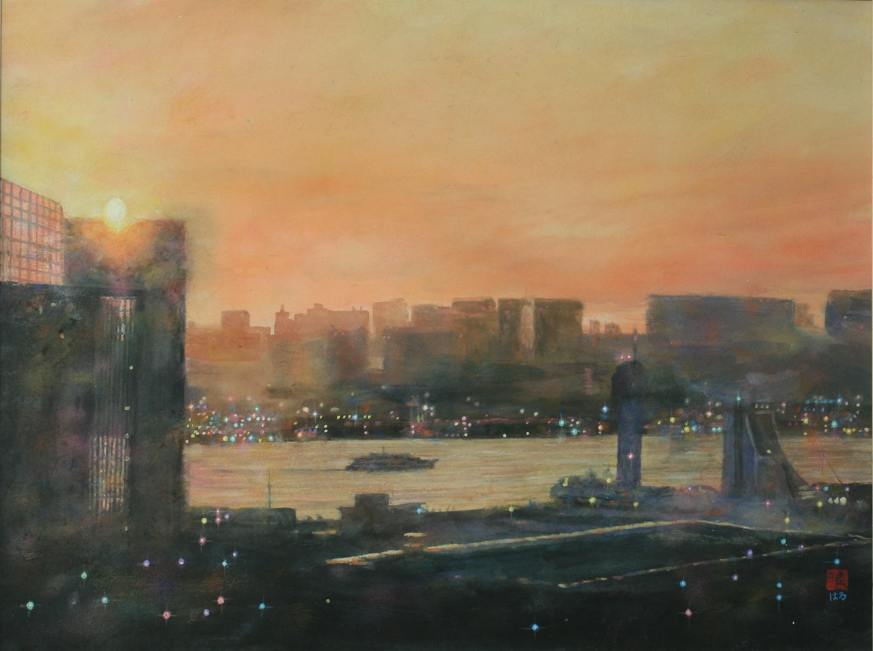 絵画 品川埠頭と船の科学館の夕景 井上晴雄 絵画 作品集 絵画と文で綴る お台場 テレコムセンターからの夜景 風景