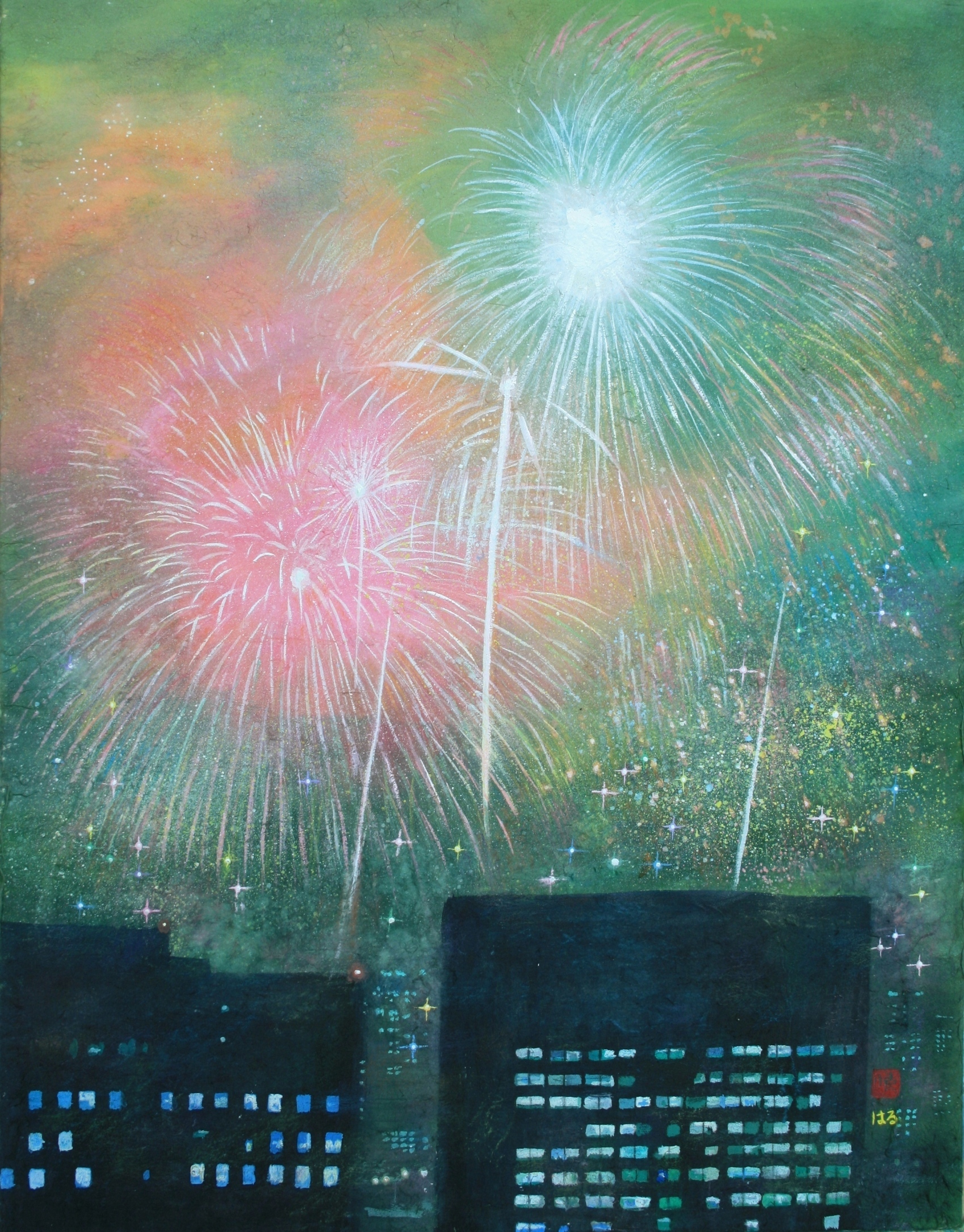 絵画 東京湾華火とお台場の夜景 井上晴雄 絵画 作品集 絵画と文で綴る お台場 テレコムセンターからの夜景 風景